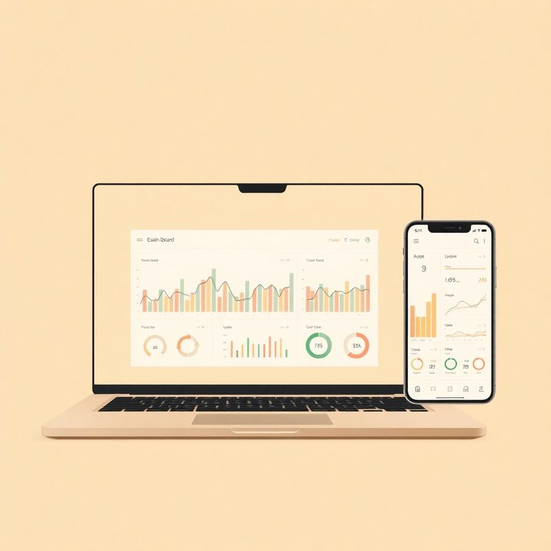 Notebook a smartphone zobrazující rozhraní dashboardu v písčito-olivové paletě